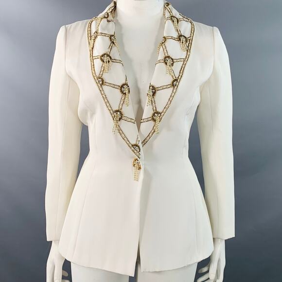 VICTORIA ROYAL Size 12 Cream Polyester Beaded Shawl Collar Jacket Blazer - Picture 1 of 11